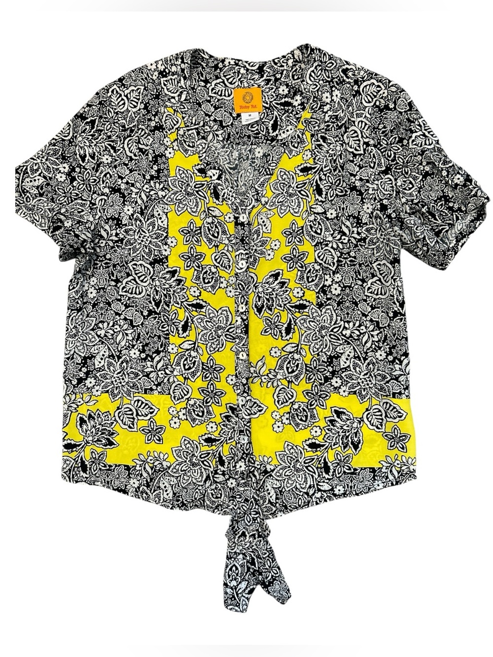 Ruby Rd Women’s Medium Floral Tie Front Blouse Black White Yellow Rayon Boho Top